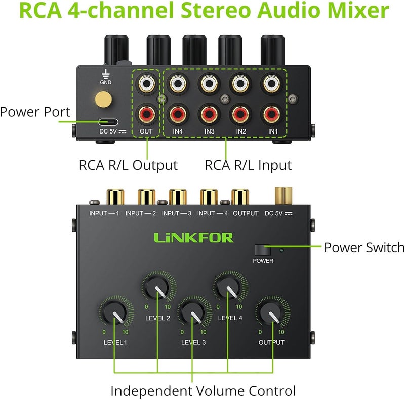 LiNKFOR 4 Channel Stereo Audio Mixer CX400 Metal Shell Support RCA Input and Output Mini Passive Stereo Mixer with Separate Volume Controls (4 Channel Stereo Mixer) - Image 2